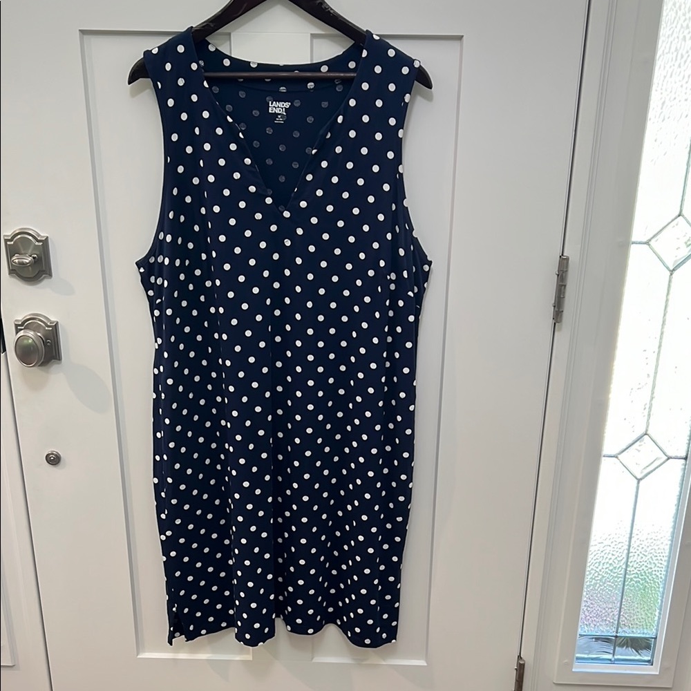 Lands' End Blue and White Polka Dot Sleeveless Dress